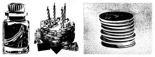 Classic inkwell bottle, celebratory cake with candles, coin stack halftone vector, isolated graphic elements, stylized design.