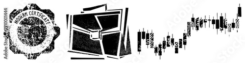 Stylized certificate seal, briefcase, and candlestick chart, vector graphic, financial symbols, business assets, flat design.