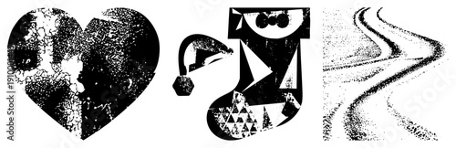 Black and white halftone vector art cracked heart, jester, curving road. Bold shapes, textured. Isolated for creative use.