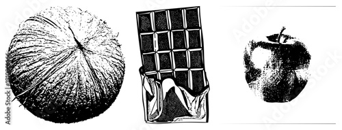 Black and white halftone style graphic of coconut, chocolate bar, and. Vector art with stippling texture, isolated food items, stylized fruit and confectionery.