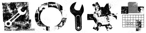Vector wrench, gear, and circular tool rendered in gritty halftone style, isolated symbols for UI design, mechanical repair, or industrial themes.