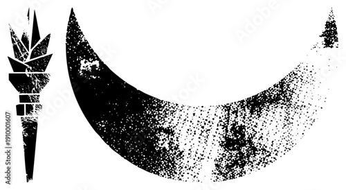 Black and white vector featuring a torch and moon, halftone dot, graphic design elements, symbolic, night and enlightenment motifs.