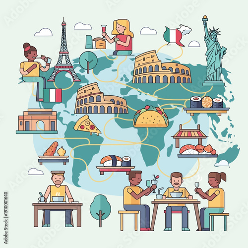 Global Cuisine Map: People Enjoying International Food and Landmarks