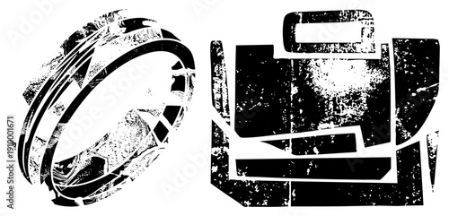 Stylized ring and briefcase symbols rendered in high contrast black and white, featuring distressed texture, bold, and fragmented shapes for modern graphic design.