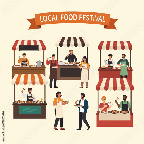 Local Food Festival: Diverse Food Stalls and Happy People