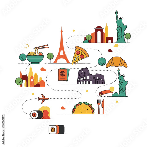 World Travel Destinations and Cuisine Icons