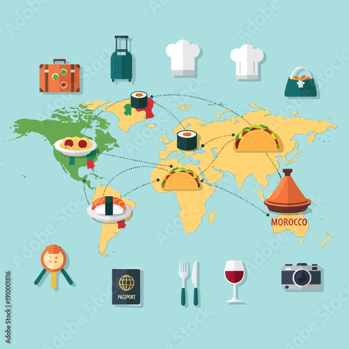 World map with travel icons, food and destinations