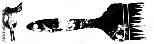 Black and white vector illustration of a riding saddle and paintbrush with distressed texture, artistic tools, equestrian gear, creative studio, graphic design elements.