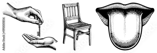 Hand passing antique key, classic wooden chair, stylized tongue graphic, engraved art, halftone shading, isolated vector elements.