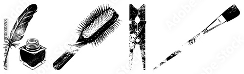 Classic quill pen with inkwell, artist brush, wooden clothespin, stylized black and white vector, creative stationery tools, artistic supplies.