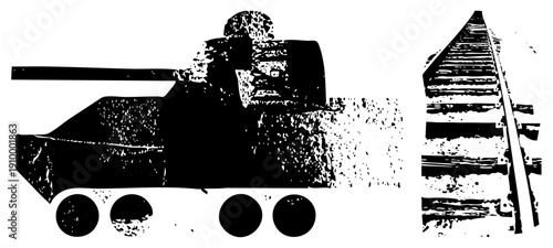 Black and white vector illustration of armored tank beside railway, halftone texture, military vehicle, combat machinery, battlefield graphic, stylized silhouette.