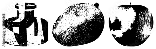 Retro stylized fruit and kitchen appliance rendered in halftone dot, vector art, graphic design elements, isolated objects.