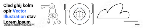 Symbolic concepts of knowledge, creativity, mental health, decision-making, security, and minimalism. Features keys, brain with cutlery and cloud outline. Knowledge and creativity visualization