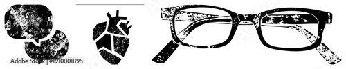 Distressed black vector chat bubbles, anatomical heart, eyeglasses. Urban, gritty aesthetic. Perfect for digital interfaces or graphic design projects.