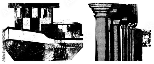 Stylized building fragments and classical columns rendered in halftone, vector graphic, architectural elements, geometric abstraction, black and white design.