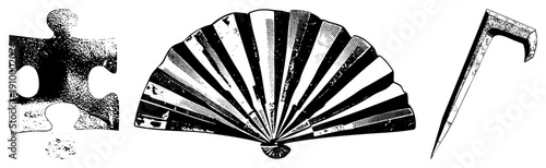 Classic black and white vector jigsaw puzzle piece, traditional folding fan, and claw nail. halftone style with textured grain. Isolated graphic elements for design use.