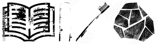 Grunge styled vector open book with pages, measuring ruler, toothbrush with bristles, cracked stone texture., distressed, isolated symbols for design.