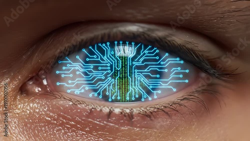 Technological Vision: A striking image of the human eye, augmented with a futuristic circuit board pattern, embodies the fusion of technology and human vision.