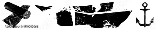 Weathered maritime including anchor, ship fragments, and duct tape roll, rendered in distressed black vector style, ideal for nautical themes or rugged design projects.