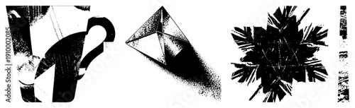 Stylized black and white graphic elements featuring fragmented forms, halftone shading, and angular geometry, ideal for modern design or digital art compositions.