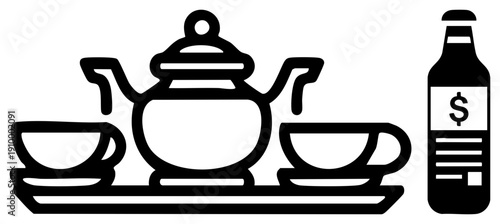 Tea service set with teapot and two cups on tray, dollar bottle symbolizing tea cost, minimalist, beverage pricing concept, flat vector.