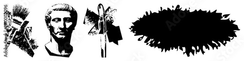 Black and white vector paintbrush, classical bust, fountain pen, ink blot. Artistic graphic elements for design, typography, or creative projects.