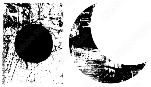 Distressed black circular and moon shapes with splattered texture, graphic design elements, abstract symbols, vector illustration, isolated.