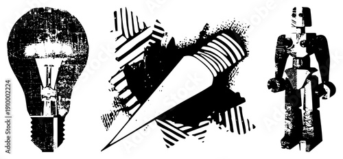 Grungy black and white vector lightbulb symbolizing ideas, pencil for creativity, robot for tech all with distressed textures and bold.
