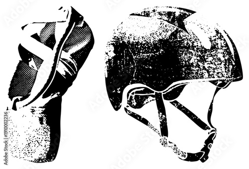Stylized cycling gear rendered in halftone dot, including helmet with straps and gloves with textured grip, vector graphic for design use.