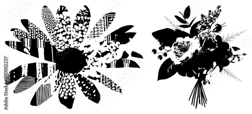 Stylized black and white flower graphic with petals and textured bouquet, vector art, design, graphic illustration, decorative motif.