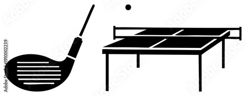 Golf club with striped face and table tennis table with net and ball, minimalist sports equipment, vector art, isolated athletic gear.