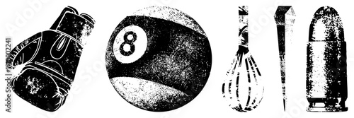 Grunge textured vector boxing glove, pool 8 ball, kitchen whisk, nail, bullet. Retro stencil style,, isolated elements for design use.