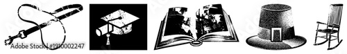 Five vector dog leash, graduation cap, open book, pilgrim hat, rocking chair. Flat, symbolic, covering edu, hist, dom, fest, nost.