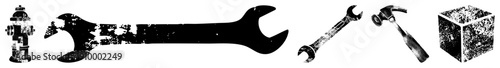 Collection of classic repair tools including wrenches and hammer, rendered in distressed black and white halftone style, isolated vector graphics for design use.