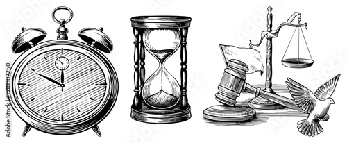 Antique alarm clock, hourglass, gavel, scales of justice,, engraved vector illustration, legal and motifs, design.