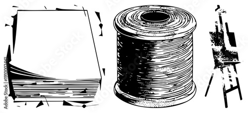 Classic book with textured spine, coiled thread spool, artist easel, vector, creative tools, craft supplies, studio essentials.