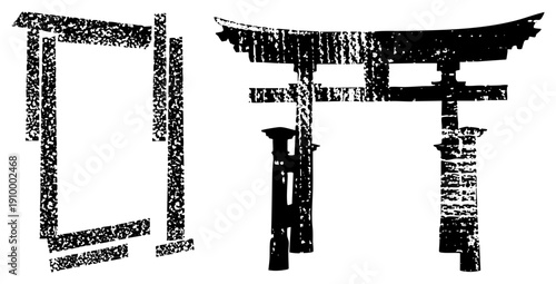 Stylized torii shrine gate with weathered texture, paired with fragmented rectangular frame, both in vector art, cultural symbols, graphic design elements.