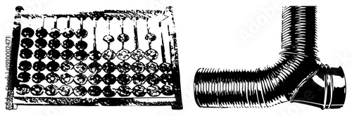 Traditional counting tool with beads on rods, flexible ventilation duct with corrugated texture, vector art, educational and industrial design elements.