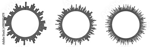 Tableau sur toile Set of circular audio waveform visualizers in black, featuring radial sound spectrum rings