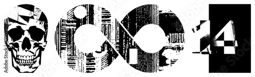 Black and white vector graphic featuring a fractured skull, glitched infinity sign, and pixelated number 14, all rendered in halftone and glitch art style.