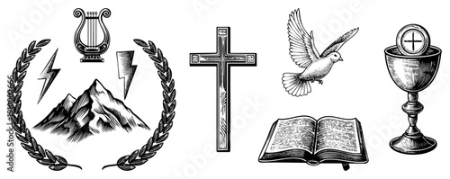 Religious featuring,,, open bible, and laurel wreath, vector art, spiritual symbols, faith.