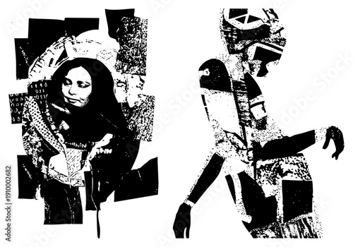 Stylized human silhouettes rendered in halftone dot, fragmented with geometric shapes, graphic art, digital glitch aesthetic, vector illustration.
