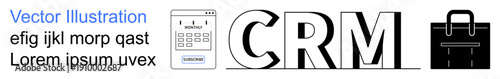 Customer service, CRM, business management, software tools, data organization, digital solutions. Text CRM with app interface and briefcase icon. Customer service and CRM concept