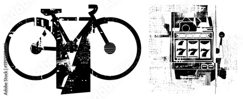 Retro styled bicycle and slot machine, halftone print, gritty texture, vector, gambling and cycling symbols, isolated graphic elements.