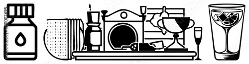 tools, cocktail ingredients, spirits bottle, mixing glass, trophy, champagne flute, garnished drink, bar setup, mixology equipment.