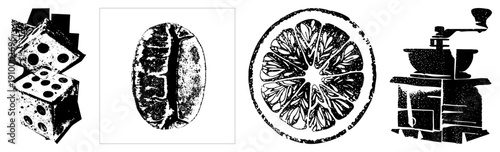 Stylized coffee bean, citrus slice, and dice in halftone texture, vector graphic, isolated elements, design, retro illustration.