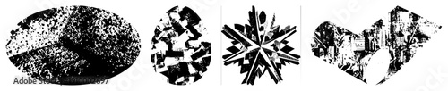 Four stylized oval compositions with halftone textures, fragmented shapes, and sharp angular designs, rendered in vector style.