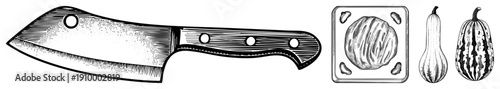 Hand drawn butcher cleaver with riveted handle, alongside stylized gourds and squash, rendered in detailed hatching and stippling, classic engraving style.