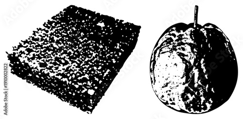 Black and white halftone depiction of stale bread and decayed fruit, textured surfaces, food waste, graphic design element, isolated objects.