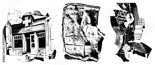 Old fashioned medical clinic facade, healthcare establishment, doctor’s office exterior, retro pharmacy design, black and white illustration.